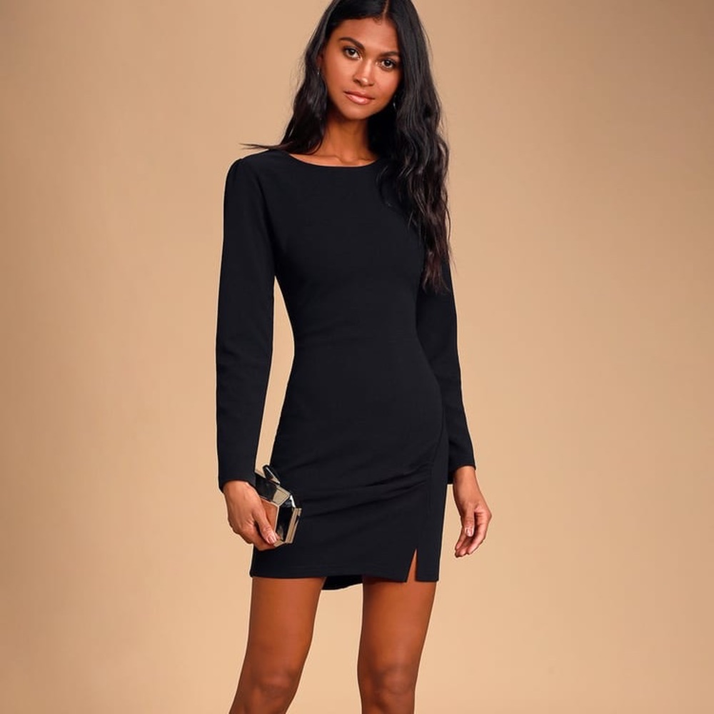 Black Long Sleeve Ruched Bodycon Mini Dress
